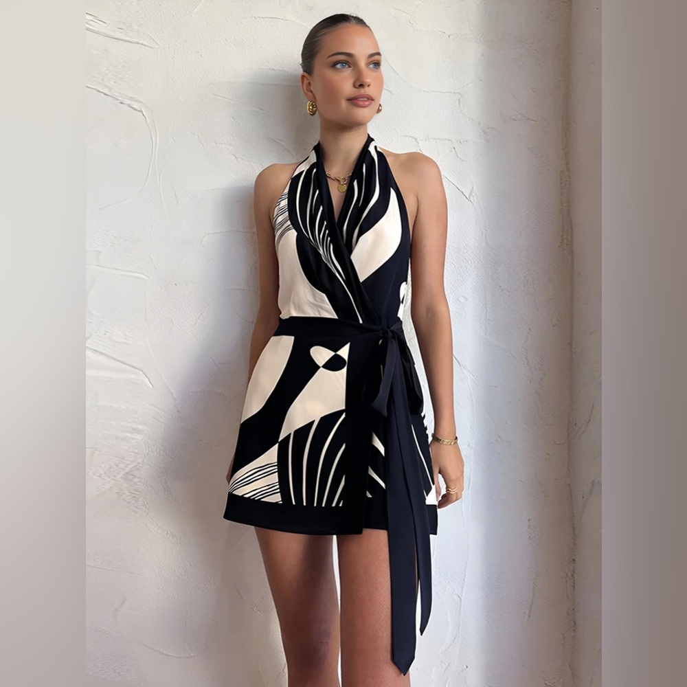 Commense Black and White Halter Dress